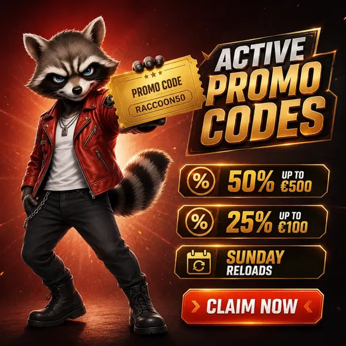 Mascotte procione che mostra con orgoglio il voucher del codice promozionale alla stazione di benvenuto Rockyspin
