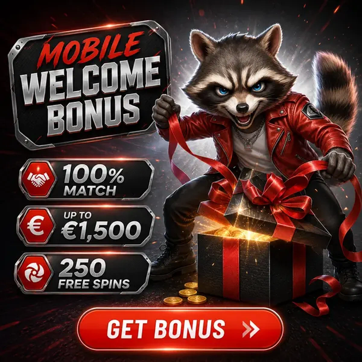 Il procione Daredevil che scarta il regalo del bonus di benvenuto mobile nell'app Mobile welcome bonus and first deposit flow