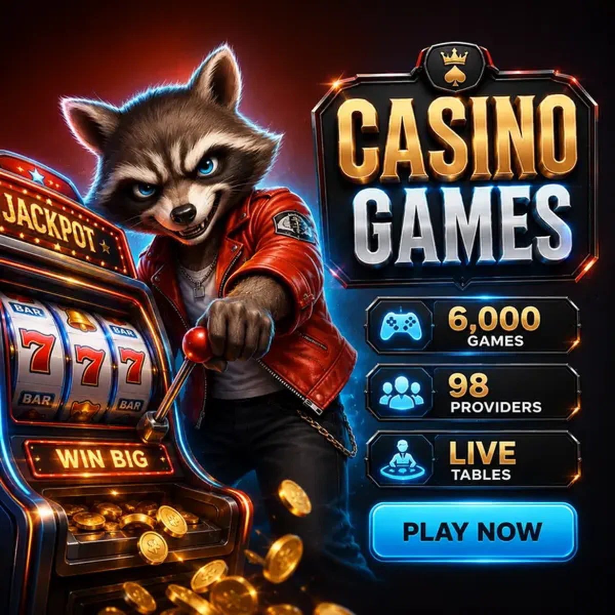Procione temerario che tira la leva alla slot machine Rockyspin Casino Games con monete che cadono