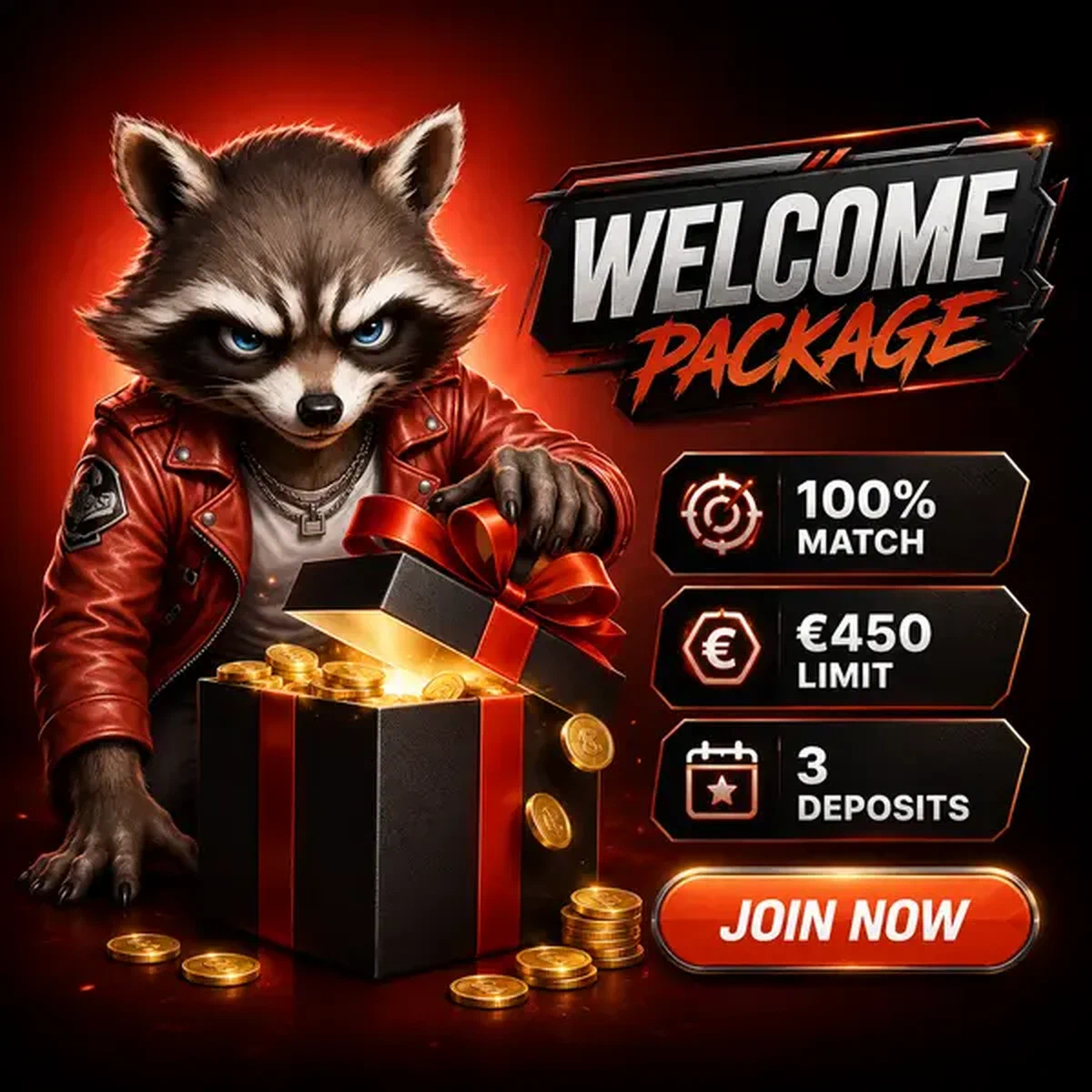 Procione avventuriero che scopre il pacchetto di benvenuto Sportsbook Rockyspin con premi scommesse