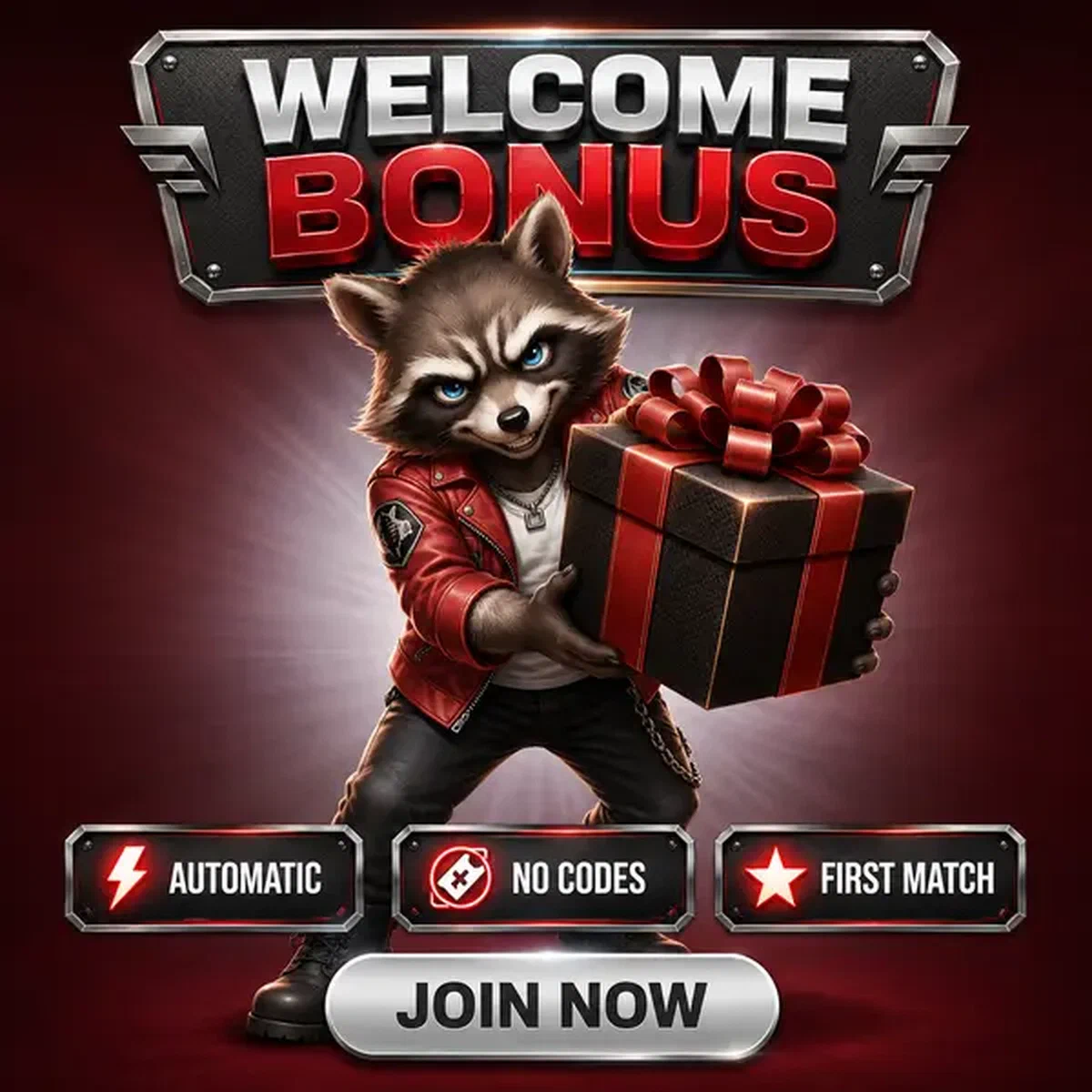 Procione antropomorfo che presenta il regalo del bonus di benvenuto su Rockyspin dopo il login