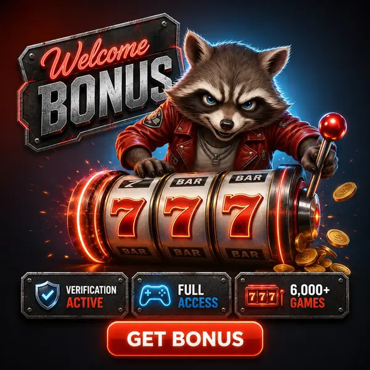 Personaggio procione che verifica il conto su Rockyspin mentre monete bonus brillano attorno a un rullo di slot che gira