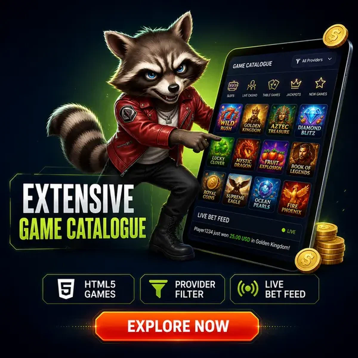 Procione antropomorfo che esplora l'app [Brand] con oltre 6.000 giochi visualizzati su schermo tablet luminoso