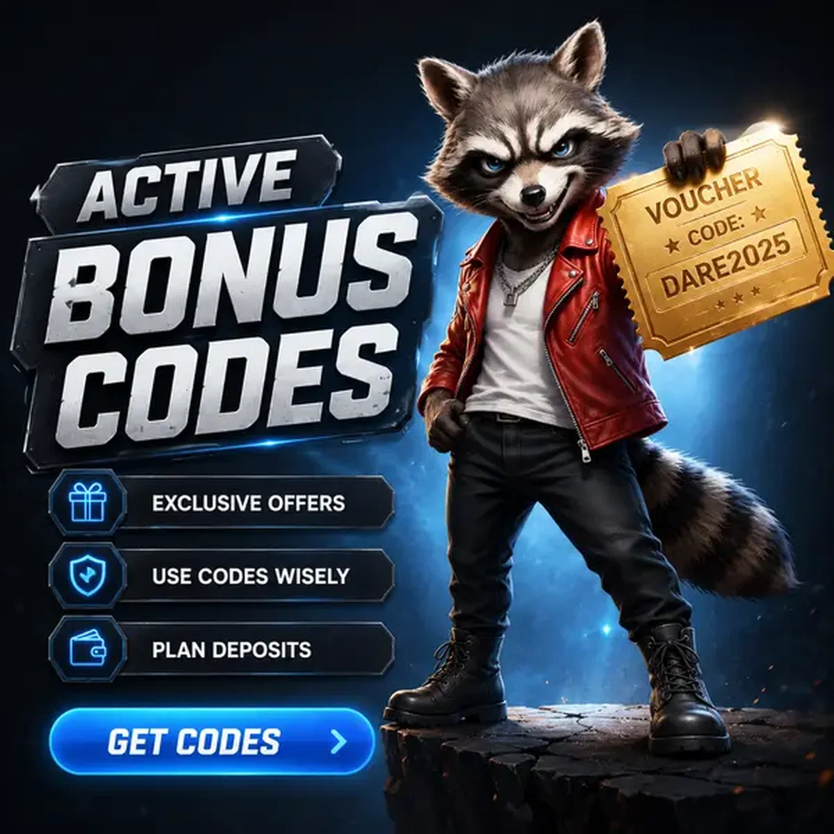 Personaggio procione che mostra i codici bonus attivi presso l'esposizione promozionale Rockyspin