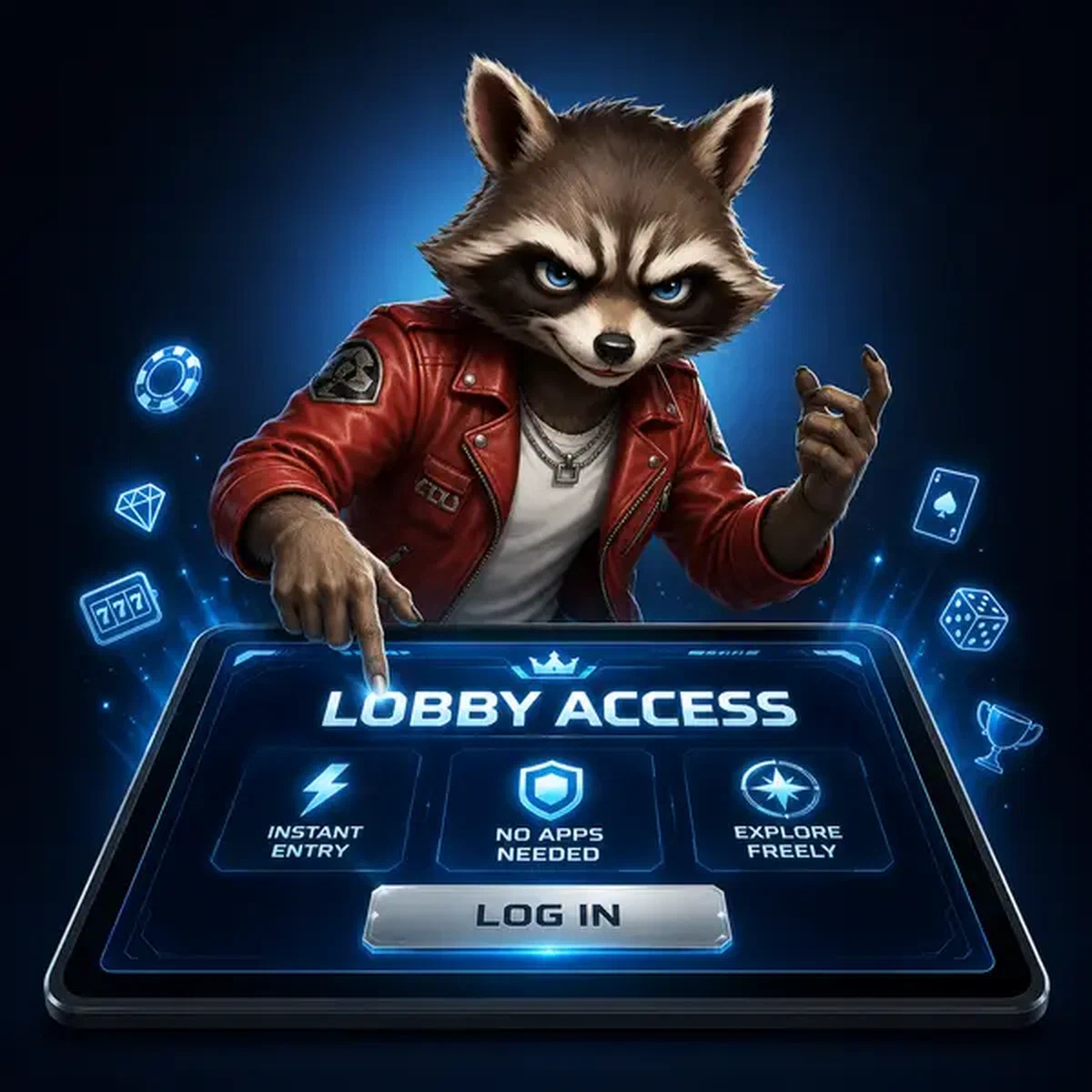 Personaggio procione che accede alla lobby dei giochi su tablet luminoso al portale di login del Casinò Rockyspin