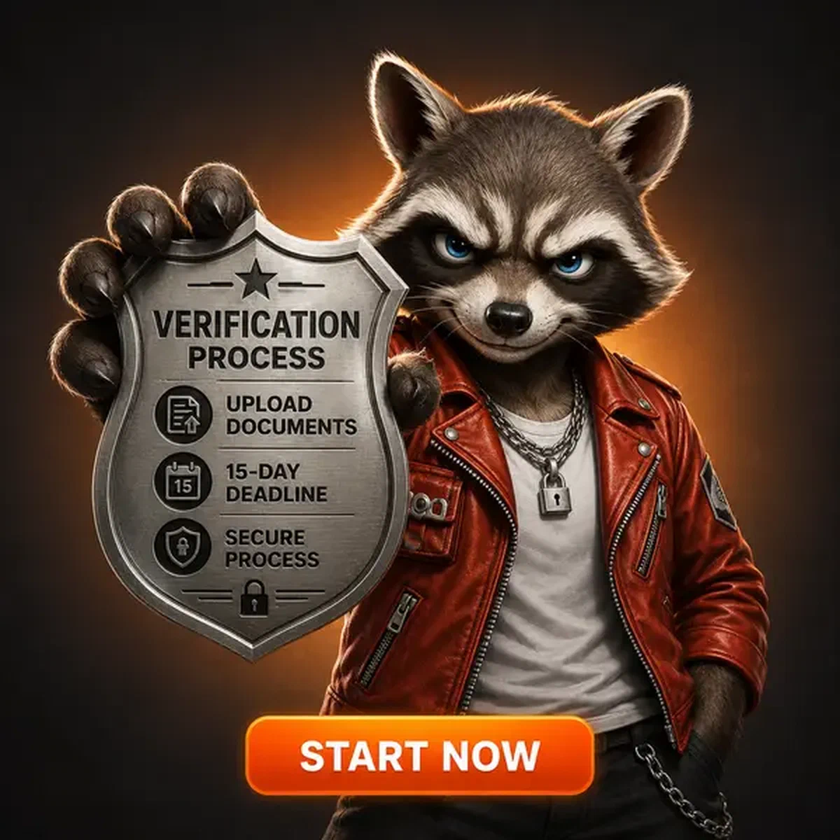 Esperto di sicurezza procione che presenta badge di verifica al checkpoint KYC di Rockyspin