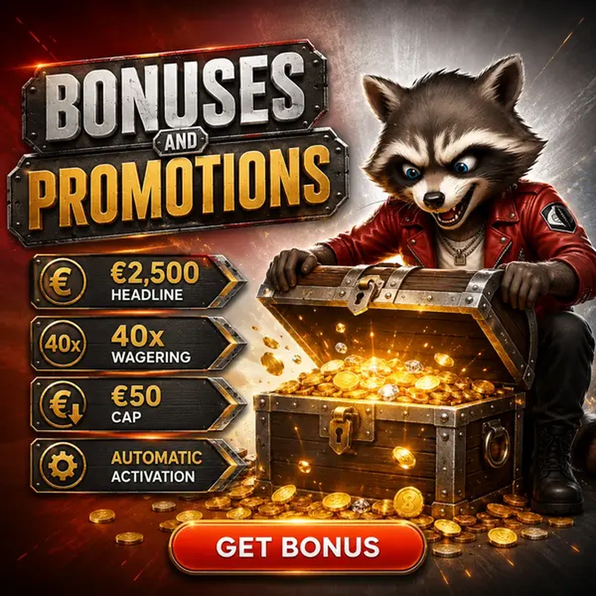 Procione antropomorfo che apre forziere del tesoro su Rockyspin Casino per ricompense bonus