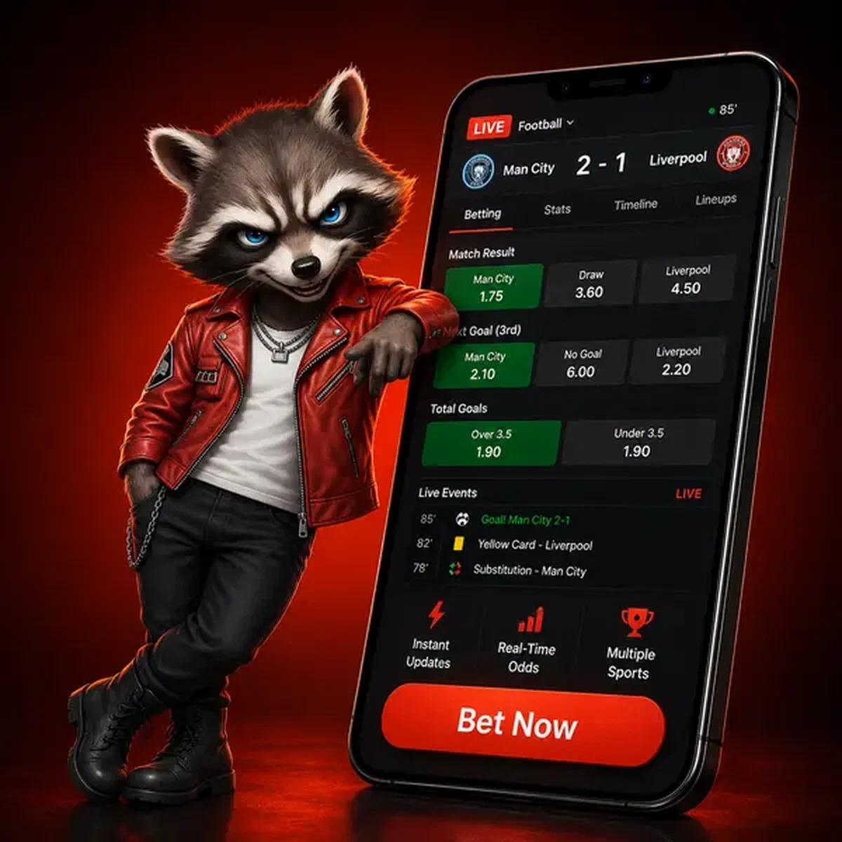 Procione temerario che si sporge sullo smartphone per l'azione di scommesse sportive live su Rockyspin