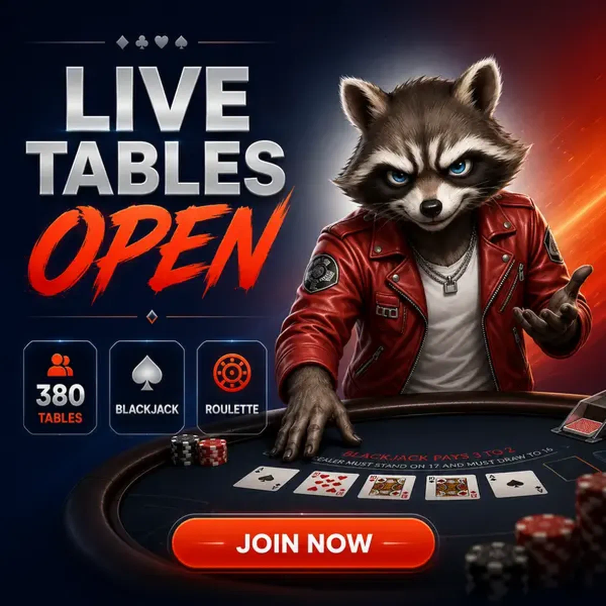 Procione antropomorfo che si sporge su un tavolo da carte al live casino Rockyspin con un sorriso sicuro