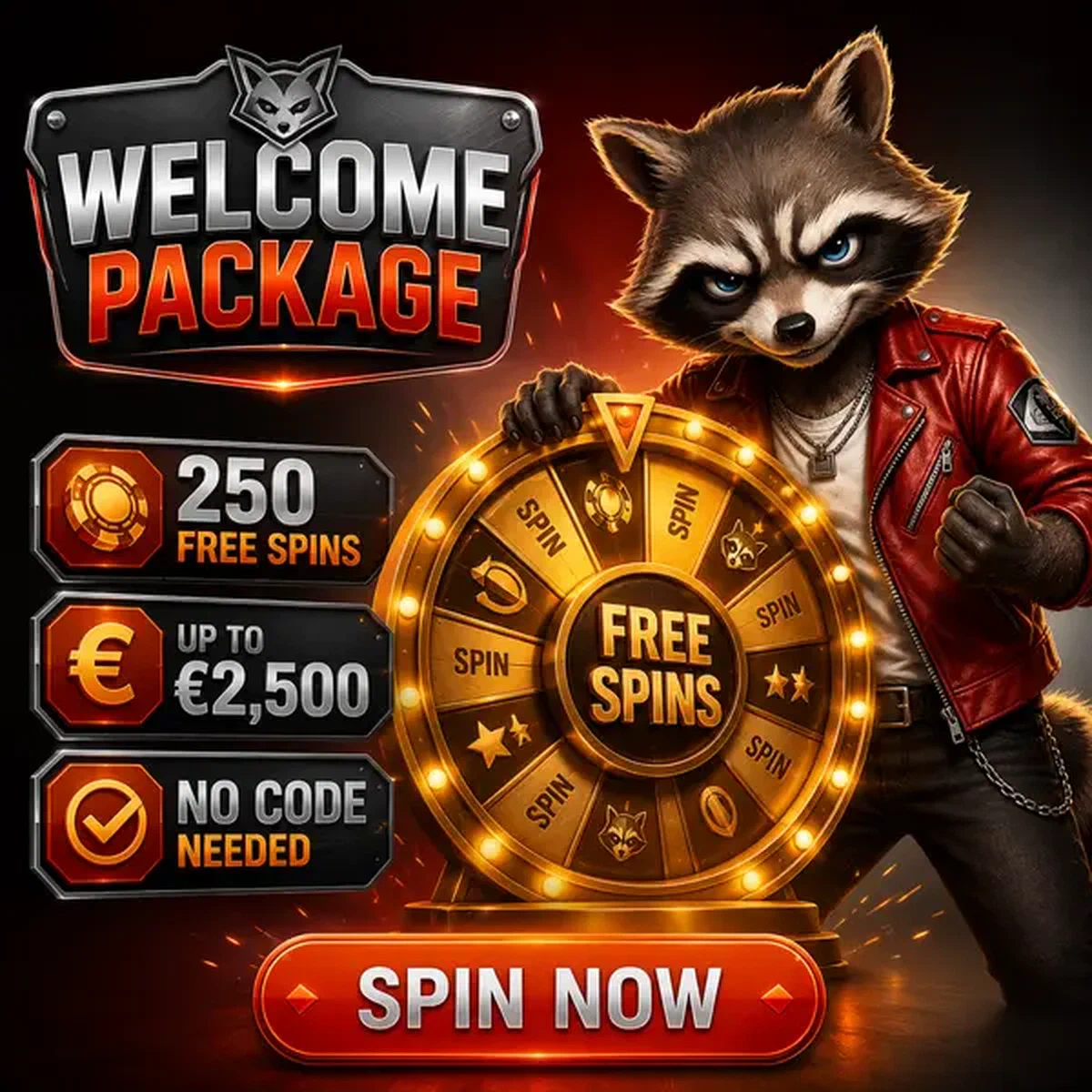 Procione temerario che afferra la ruota del premio dorato per i giri gratuiti a Welcome Free Spins Package Breakdown