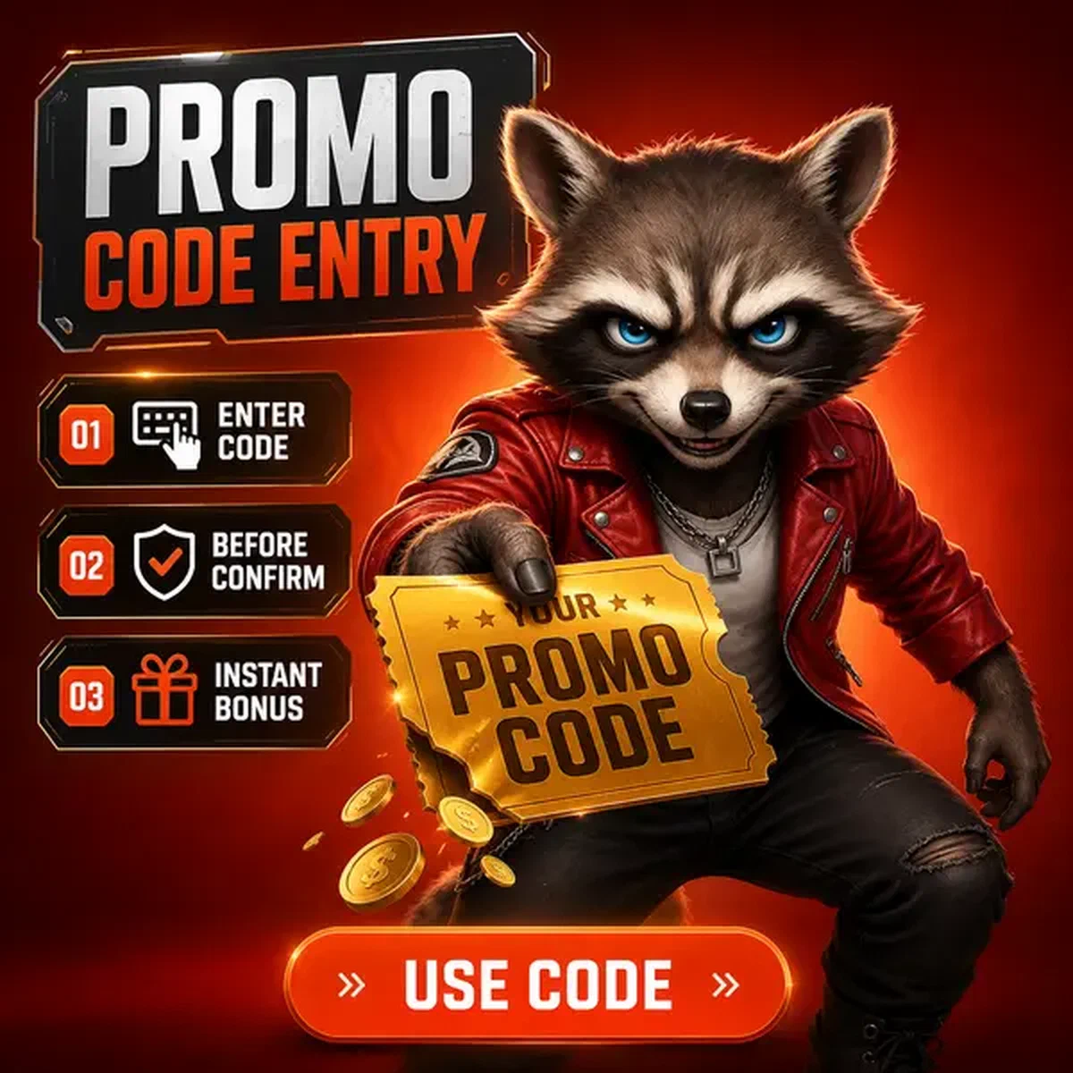 Voucher dorato del codice promozionale presentato dal personaggio procione alla cassa del Casinò Rockyspin