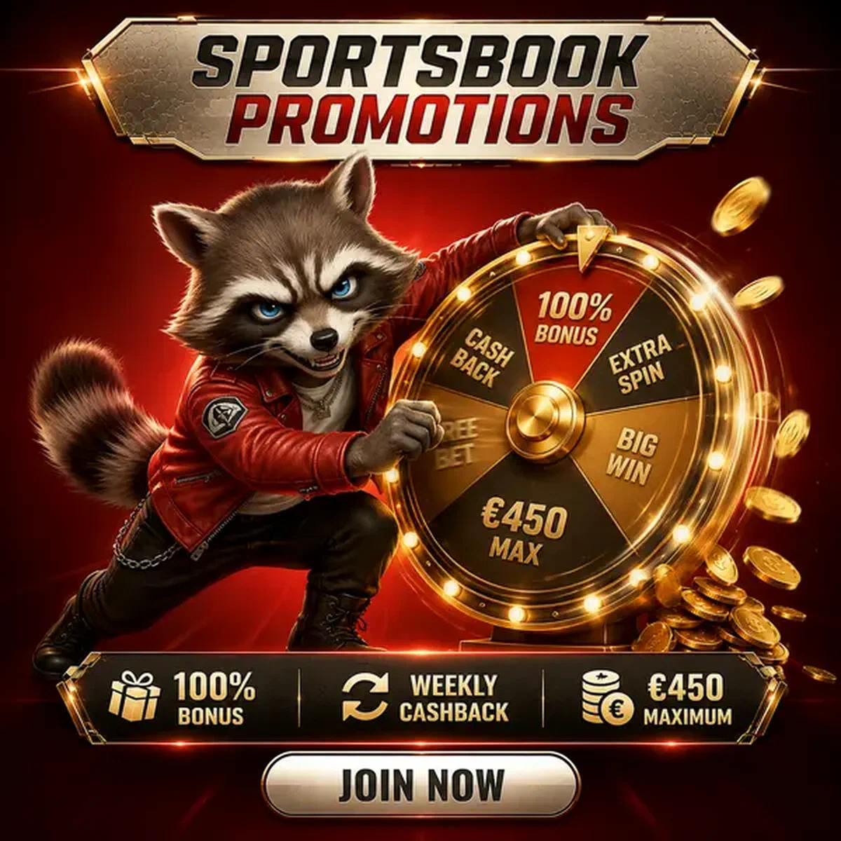 Procione antropomorfo che gira ruota premio dorata al banco promozioni Sportsbook Rockyspin