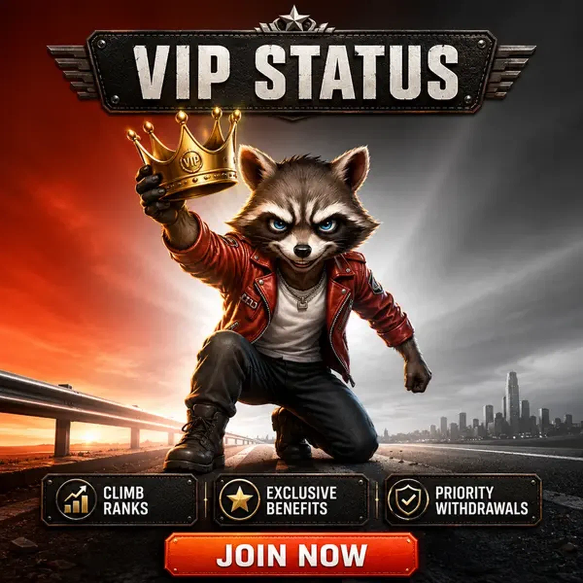 Anthropomorpher Waschbär hält goldene Krone bei Rockyspin VIP-Treueprogramm Morgenfeier