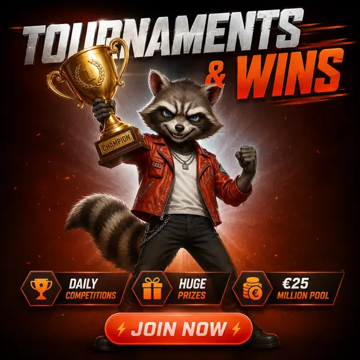 Waschbär-Champion hält goldene Trophäe bei Rockyspin-Turnieren nach Wettbewerbssieg