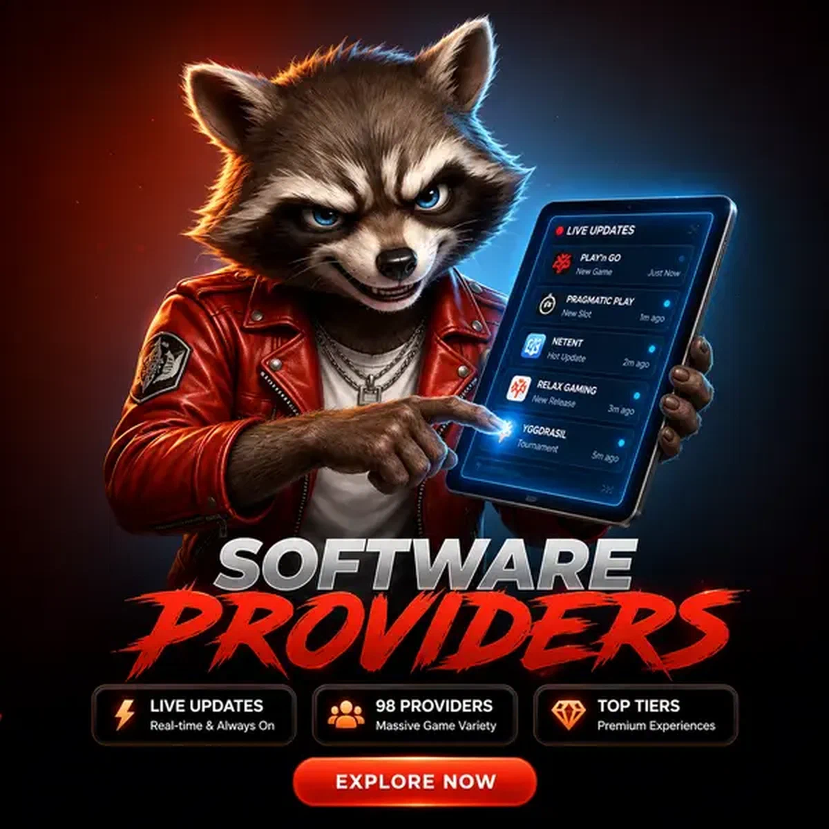 Der waghalsige Waschbär erkundet Software-Anbieter auf leuchtendem Tablet bei Rockyspin Casino