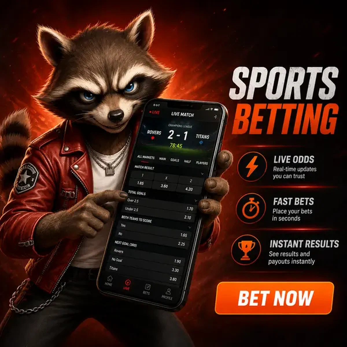 Procione dinamico che interagisce con quote scommesse sportive su smartphone a Rockyspin Sports Betting