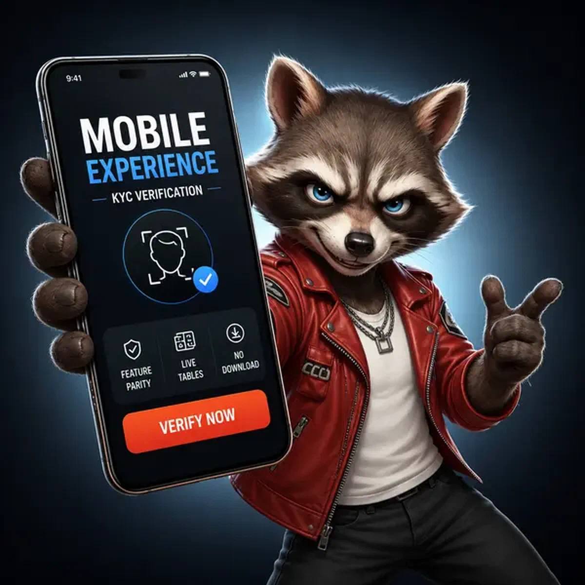 Personaggio procione che fa selfie per verifica KYC mobile a Rockyspin Casino